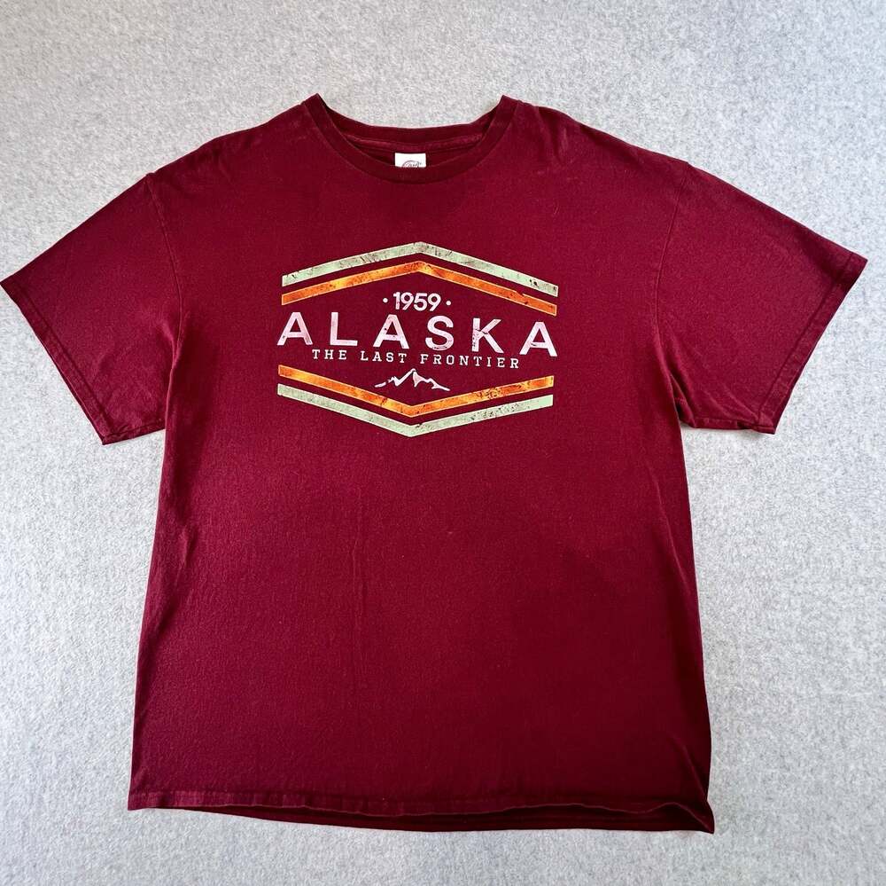 Delta Pro Weight Alaska The Last Frontier Graphic Burgundy Crew Neck Tee XL
